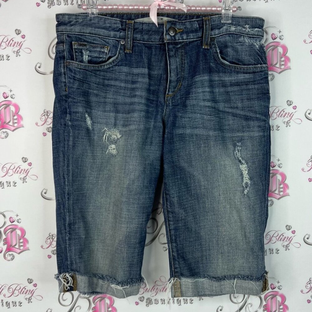 Joe's Jeans Ex Lover Classic Blue Denim shorts distressed rips long logo